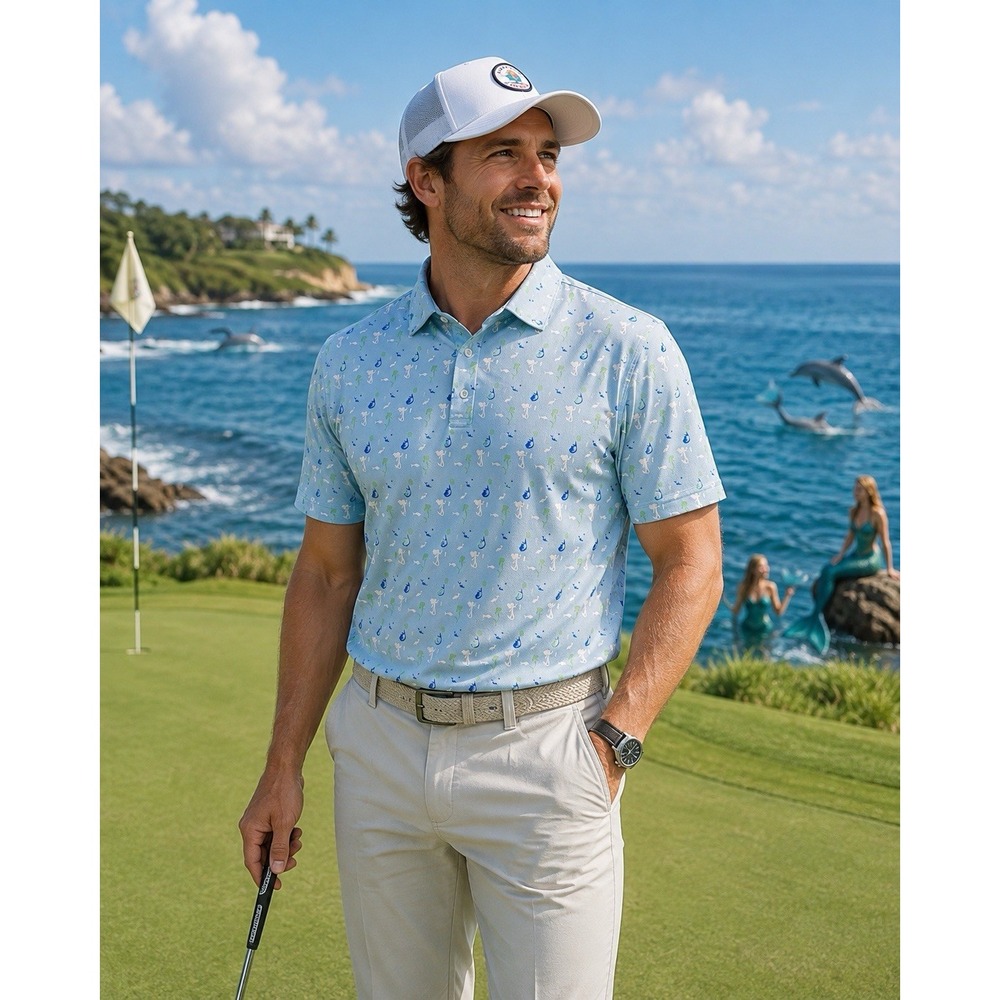 Straight Down Golf Polo Mens XL White Blue MERMAID DOLPHINS  AOP  Performance